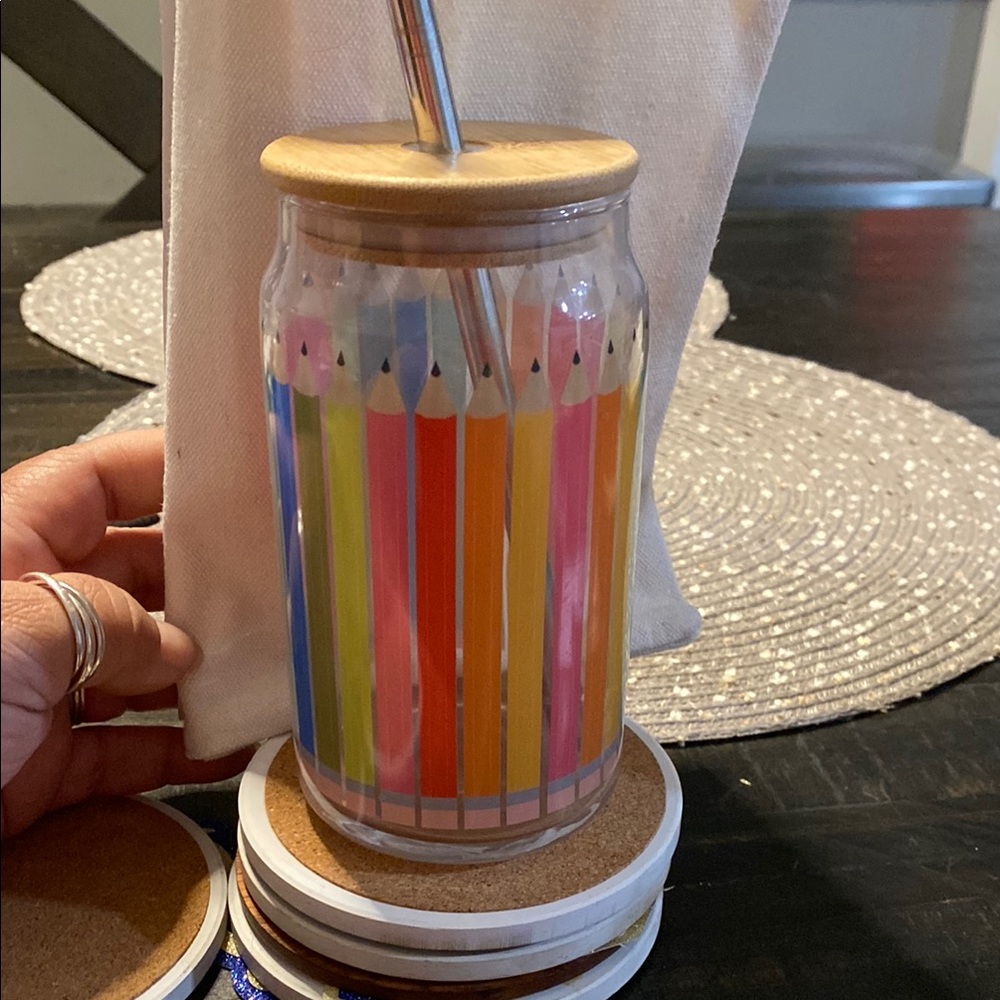 Colorful Pencil Design Glass Jar with Straw M239